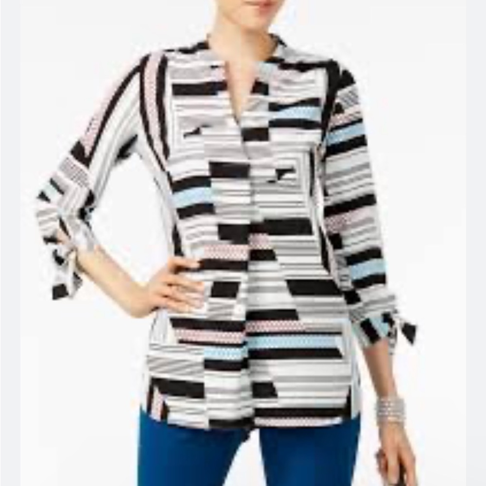 Alfani white blouse w/multicolor stripes (blk,blue,burgundy)3/4 length sleeve-12